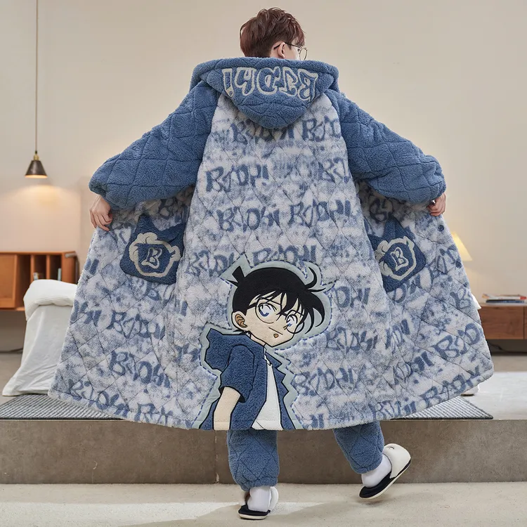 睡袍男冬季珊瑚绒加绒加厚三层夹棉大码青少年学生睡衣家居服