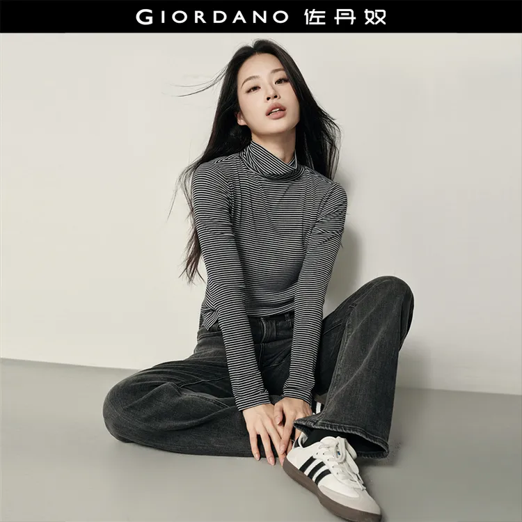 【韩国同款】佐丹奴女装条纹高领修身内搭长袖舒适针织T恤 05325832