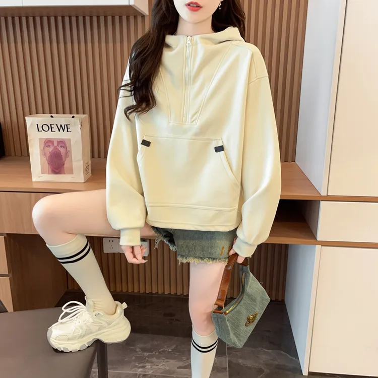 早秋季爆款半拉链连帽卫衣外套女新款韩版宽松慵懒风oversize上衣