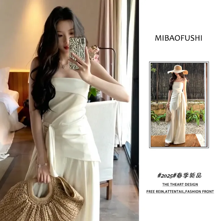 春季一整套女装2025年新款韩系穿搭辣妹抹胸上衣高腰半身裙两件套