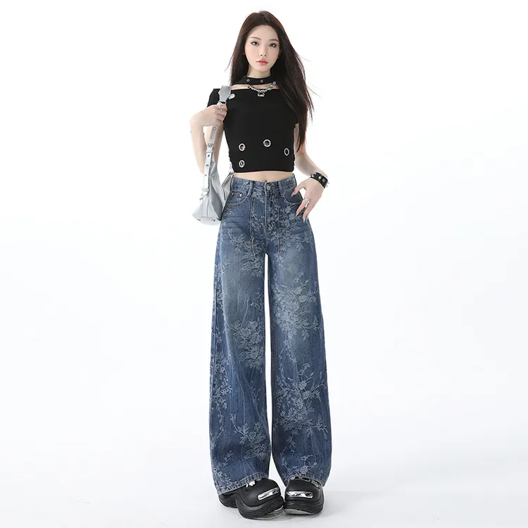 复古#花青蓝水洗提花牛仔裤女宽松阔腿裤高腰直筒拖地大码裤子
