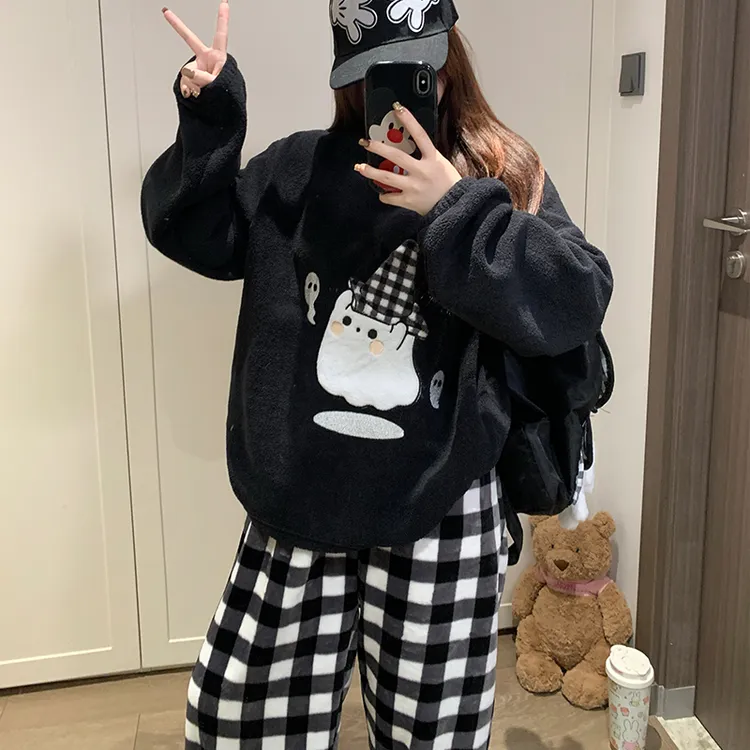 冬季保暖加厚米粒绒睡衣女卡通可爱格子长袖套装家居服韩版可外穿