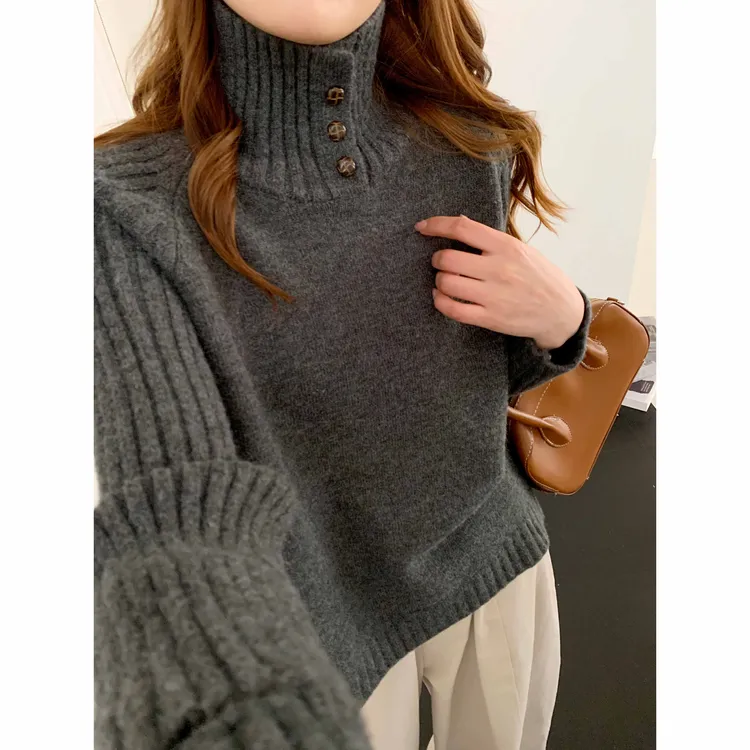 3441【540g正版加厚三粒扣】秋冬新款宽松高领长袖针织衫女毛衣