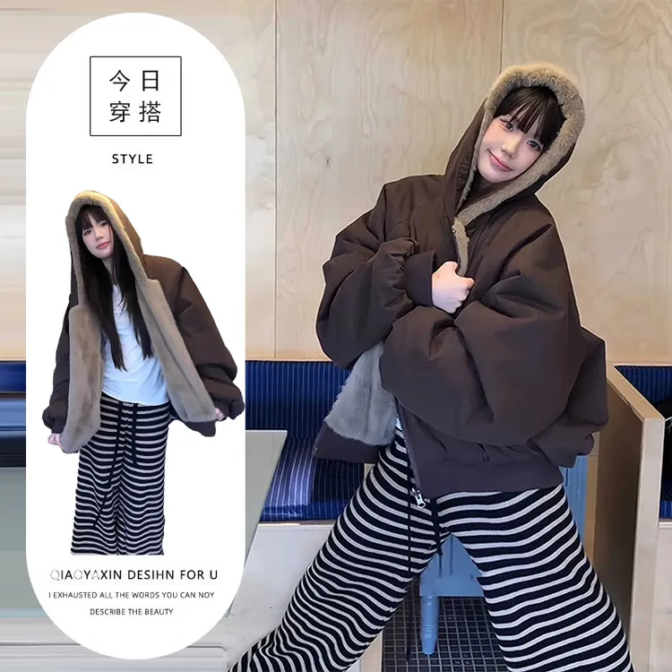 双面穿仿貂毛美式复古座山雕棉服女2025冬季新款情侣加厚棉衣外套