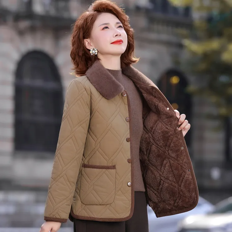 妈妈装加绒加厚翻领棉服2025冬季短款棉袄中老年奶奶宽松大码棉衣