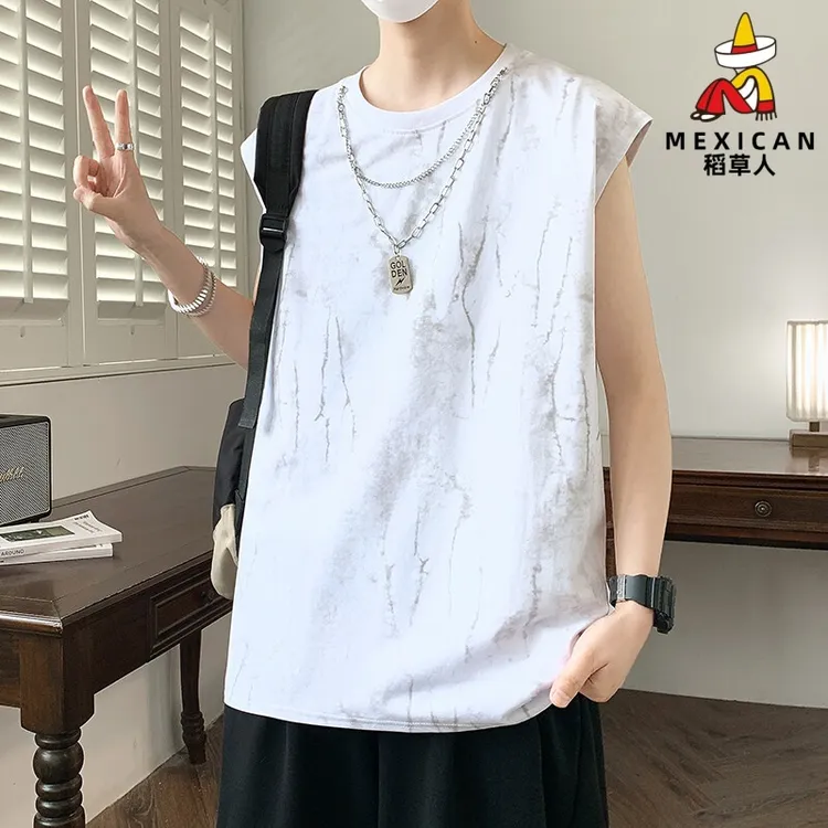 稻草人2025新款夏季背心毛边复古无袖坎肩圆领T恤港风潮韩版破洞