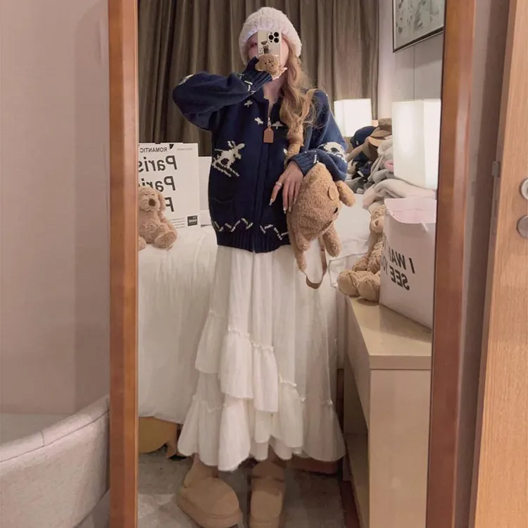 韩系不规则半身裙女秋冬日系超仙荷叶边百搭松紧腰修身加厚A字裙