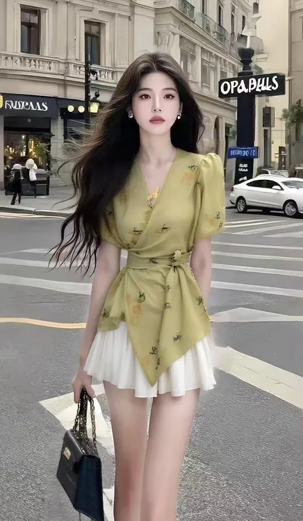 新款时尚气质显瘦套装绿色V领短袖系带上衣+高腰百褶半身裙两件套