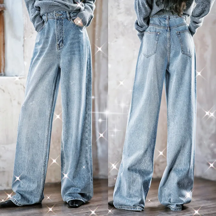 【赵大喜】现货！ 满天星牛仔裤 | 100棉/高腰阔腿 烫钻点缀 显瘦