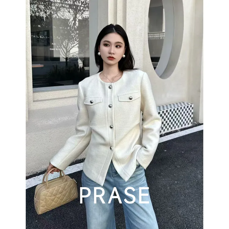 PRASE·噜【高智千金】羊毛圆领圈圈呢小香风收腰短外套PR510S38