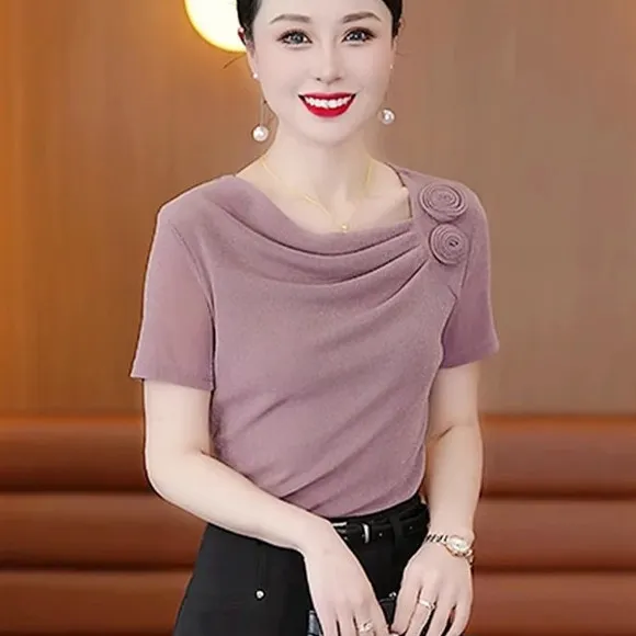 短袖打底衫T恤女2025夏季新款堆堆领网纱气质亲肤透气妈妈装上衣