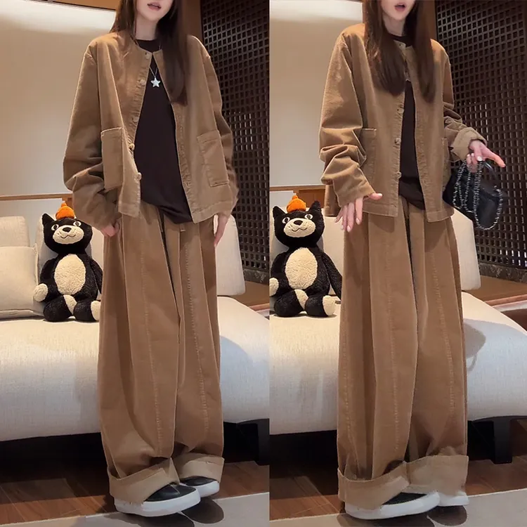 慵懒风炸街网红款长袖单排扣外套秋季潮流工装风休闲长裤两件套