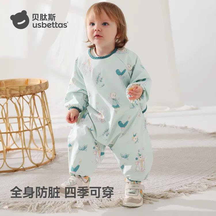贝肽斯宝宝连体罩衣春季外穿儿童围裙吃饭辅食防水防脏婴儿爬爬服
