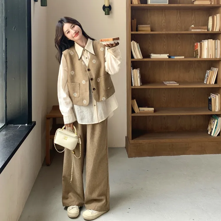 复古刺绣马甲阔腿裤套装女2025秋季新款松弛感法式气质优雅三件套