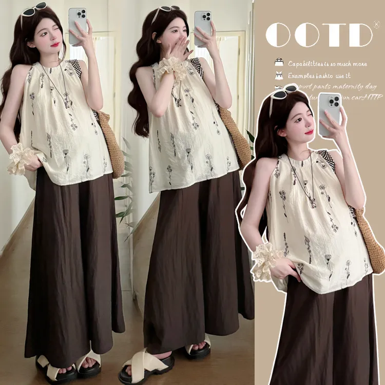 孕妇夏装套装2025夏季新款法式复古刺绣花朵无袖上衣宽松阔腿裤潮
