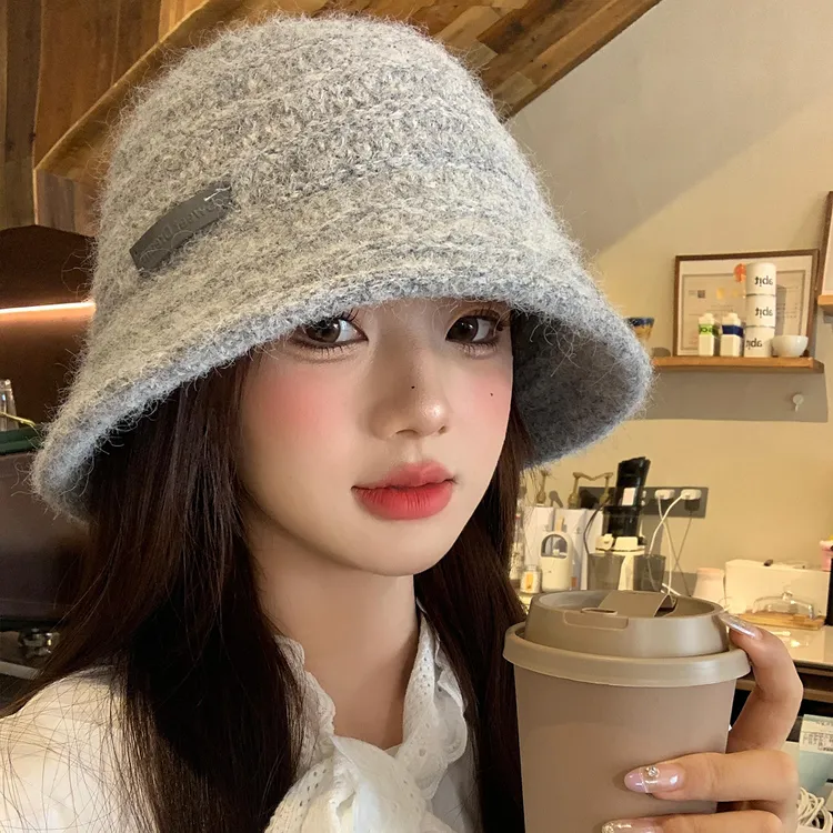 高级感灰色毛绒针织渔夫帽女2025新款秋冬保暖盆帽显脸小水桶帽子