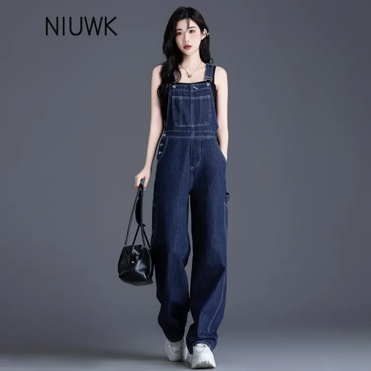 深蓝色牛仔背带裤女2025春秋季爆款直筒工装裤女连体裤显瘦阔腿裤