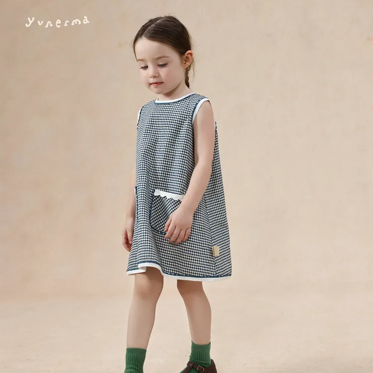 允儿妈女童小众法式亚麻混纺格子背心裙宝宝夏季连衣裙儿童公主裙