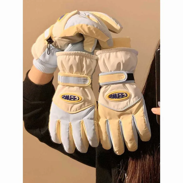 可爱全指滑雪手套女冬季简约保暖骑行加绒加厚防寒防泼水骑电动车