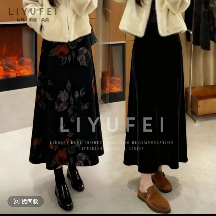 【正反两穿】金丝芍花毛呢黑色半身裙女2025秋冬新款高腰显瘦中长裙