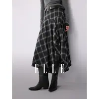 ELLE女装摩登不规则格纹半身裙2025冬季新款皮带时髦长裙ER53142