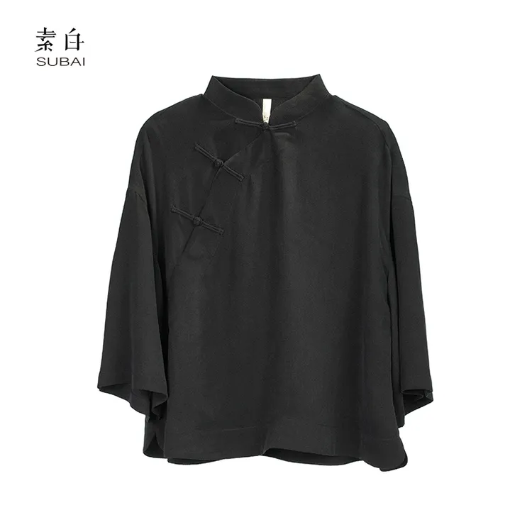 素白【漫游】禅意新中式S01527斜襟立领盘扣显瘦百搭衬衫