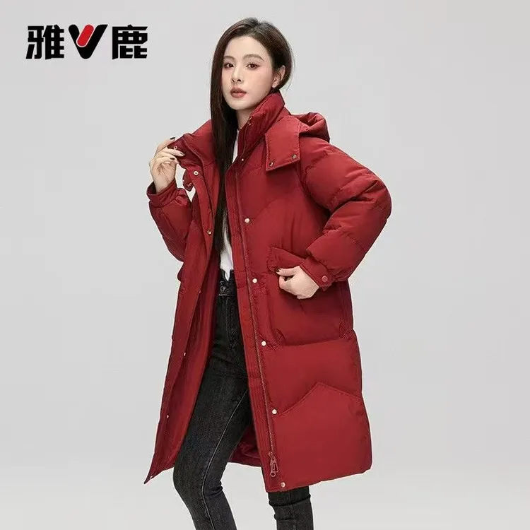 雅鹿25年新款90绒含量长款女拉链连帽可拆卸帽女保暖过膝女士时尚