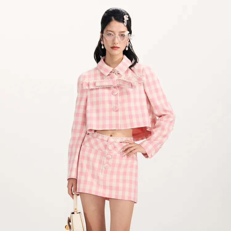 lefame拉飞姆2026春季新款时尚蝴蝶结彩色格纹外套