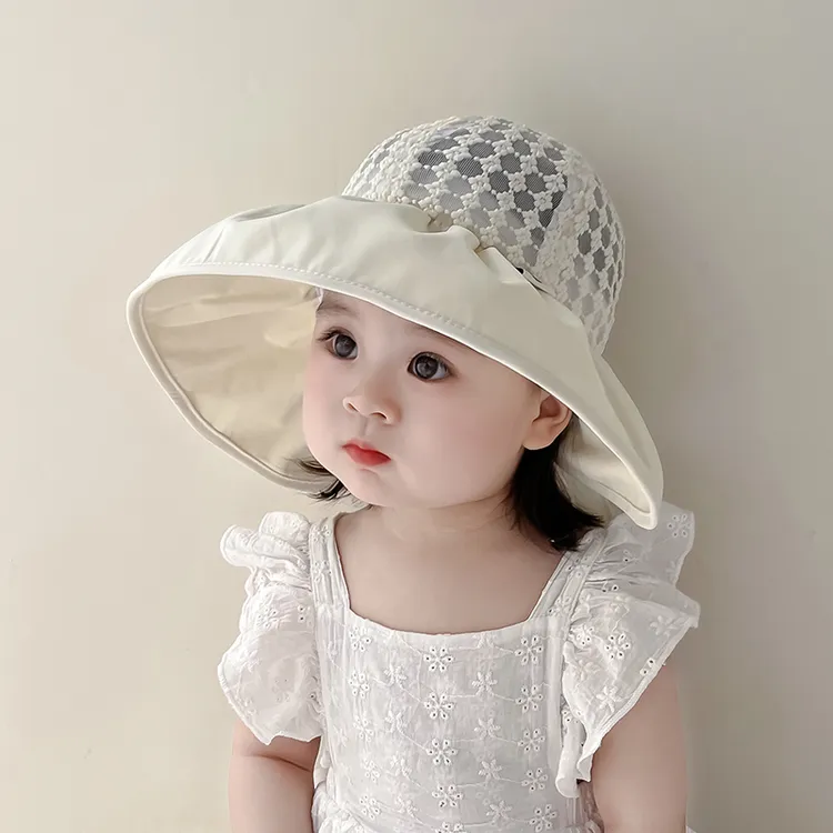 儿童防晒帽子夏季薄款透气网纱大帽檐渔夫帽女宝宝系带沙滩太阳帽