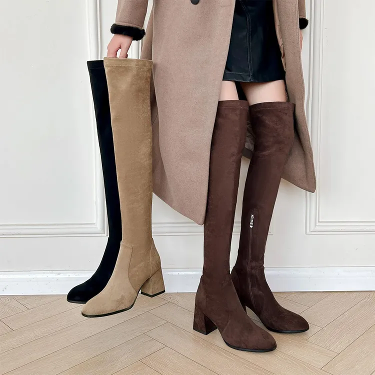 圆头粗跟黑色过膝长靴女2025新款韩版高跟弹力高筒靴子绒面瘦瘦靴