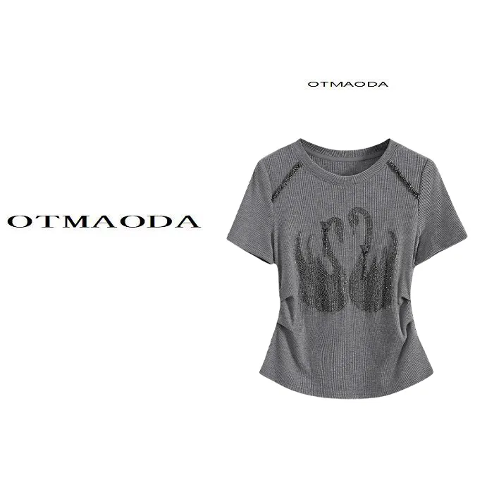 【南瓜定制】2025夏季新款灰色纯棉短袖T恤女重工烫钻捏褶显瘦上衣