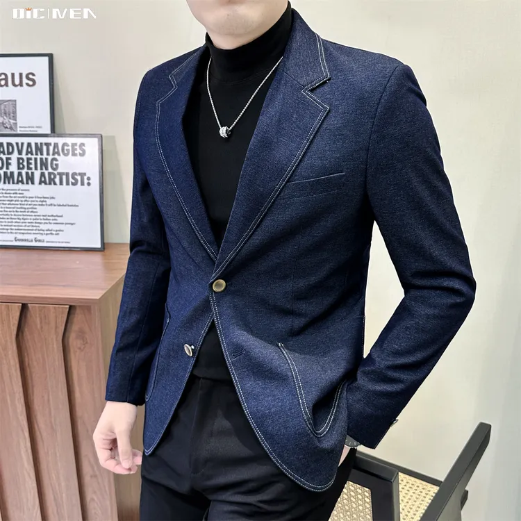 轻奢牛仔蓝商务休闲西装男明线工艺高级感秋冬新款修身绅士外套