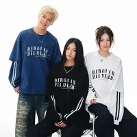 BIPOLAR手绘涂鸦假两件圆领宽松美式休闲百搭复古长袖T恤 11B009