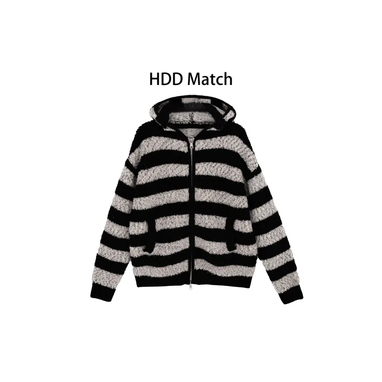 HDD- "波 浪"羊毛 秋冬女款条纹波浪连帽毛衣外套上衣  Y9822