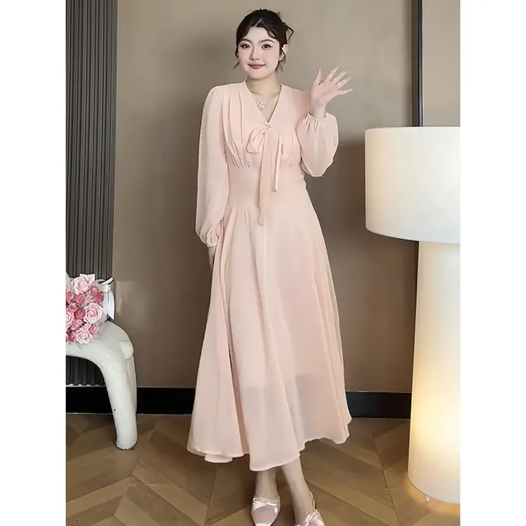 大码女装胖mm法式V领蝴蝶结系带长袖连衣裙2025秋季气质显瘦长裙