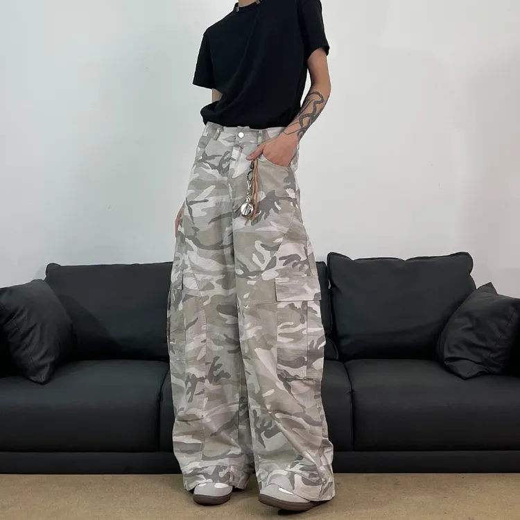 主播同款迷彩工装裤男美式街头高腰休闲裤潮牌直筒显瘦垂感高街