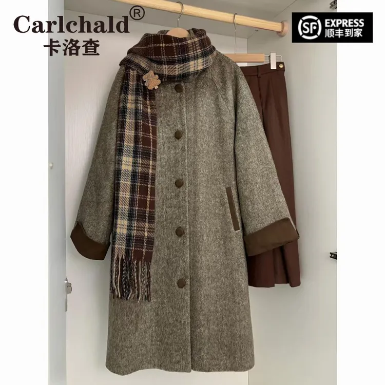 卡洛查（CARLCHALD）复古设计感毛呢大衣显瘦女装女秋冬日系文艺