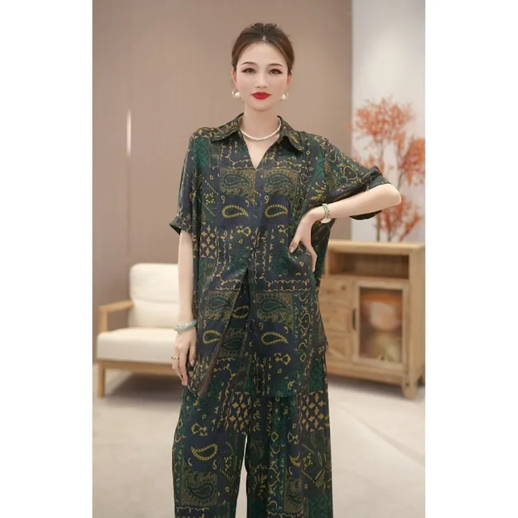 早春穿搭高端洋气私服彩绘夏季显瘦减龄提花短袖大码阔腿套装5681