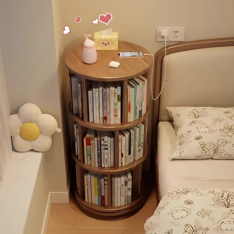 实木旋转书架360度可移动卧室床头柜落地置物架儿童书柜一体靠墙