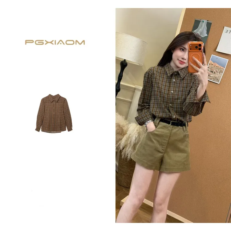 【PGXIAOM】润秀定制古铜绿色格子衬衣CY4580