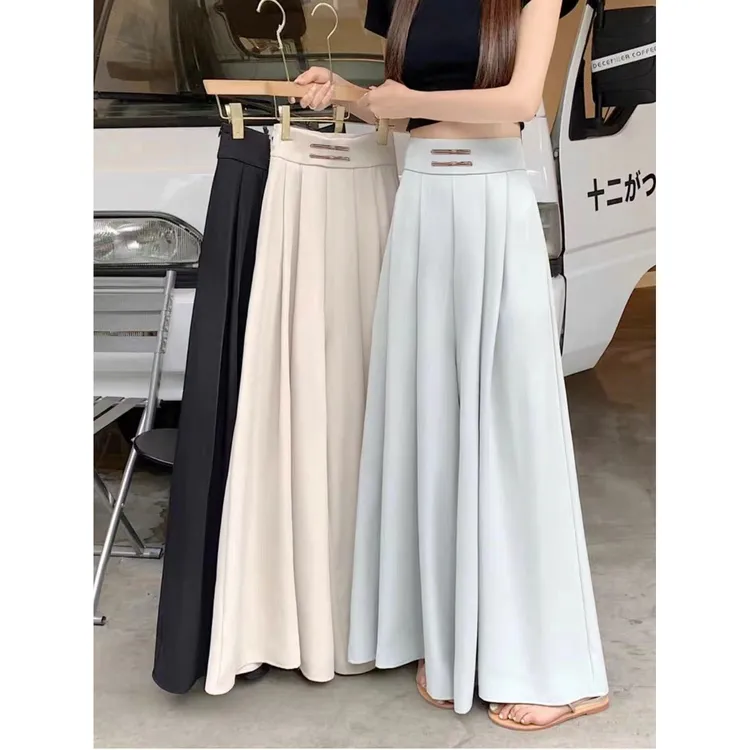 国风盘扣高腰长款垂坠感阔腿裙裤女夏秋季新中式裙子胖mm显瘦款