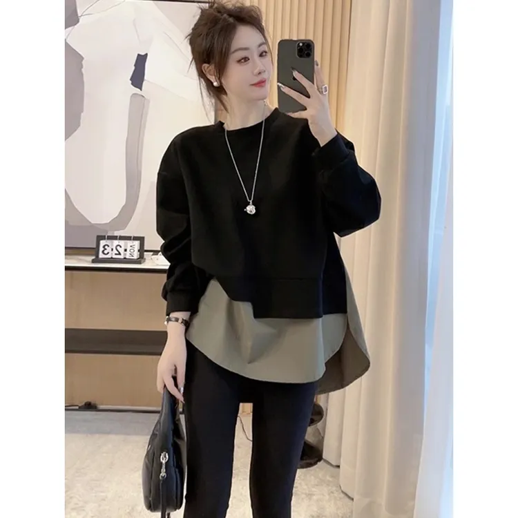 外贸大码女装秋季中长款假两件显瘦收腰卫衣女宽松上衣胖mm2-300