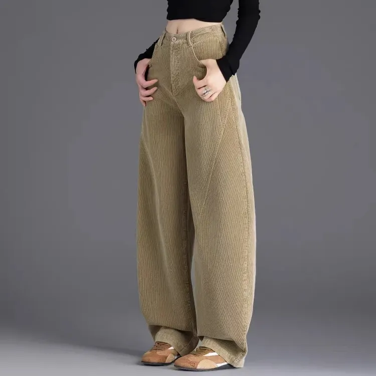 美式灯芯绒休闲裤女2025新款卡其色裤子秋冬季松弛感加绒裤弯刀裤