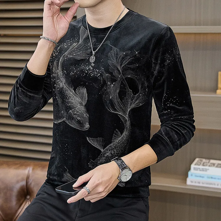套头秋季圆领秋季男士丝绒卫衣男装时尚印花潮流韩版长袖男