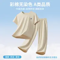 彩棉无染色儿童睡衣A类夏季透气男女童套装短袖长裤7A抗菌家居服