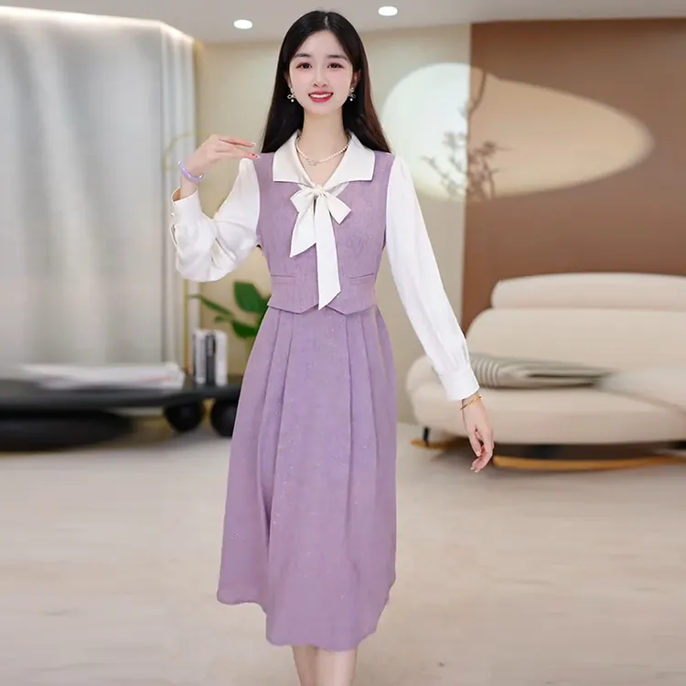 轻奢时尚拼接百搭连衣裙2025秋季新款气质端庄大气减龄假两件裙子