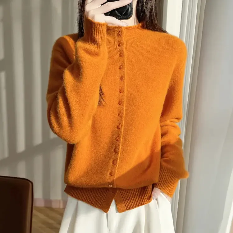 冬季新款重磅加厚保暖圆领100%纯羊毛开衫女排扣毛衣针织衫羊毛衫