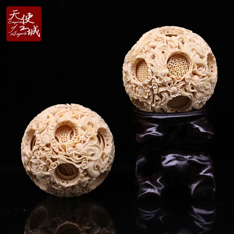 天然猛犸象牙龙凤呈祥鬼工球摆件