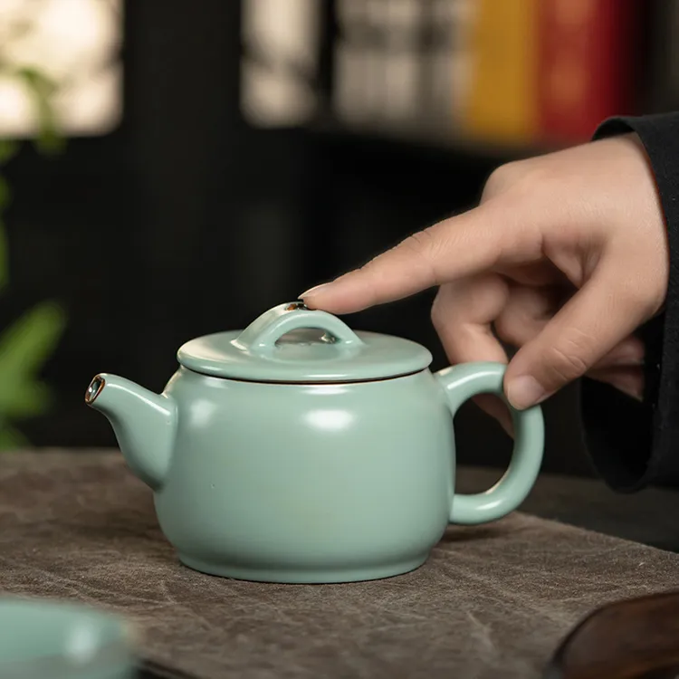 弘茗道 铁胎汝窑豆绿色汉瓦壶 家用陶瓷泡茶壶大容量功夫茶具茶壶