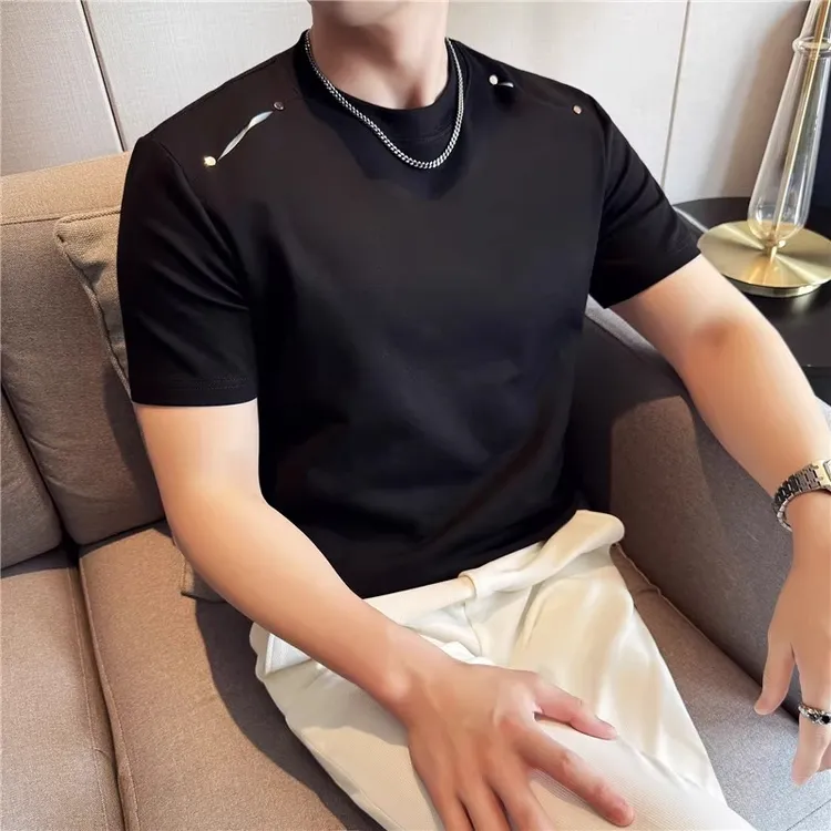 时尚潮流男士拼接设计感圆领短袖夏季新款个性休闲百搭修身T恤衫